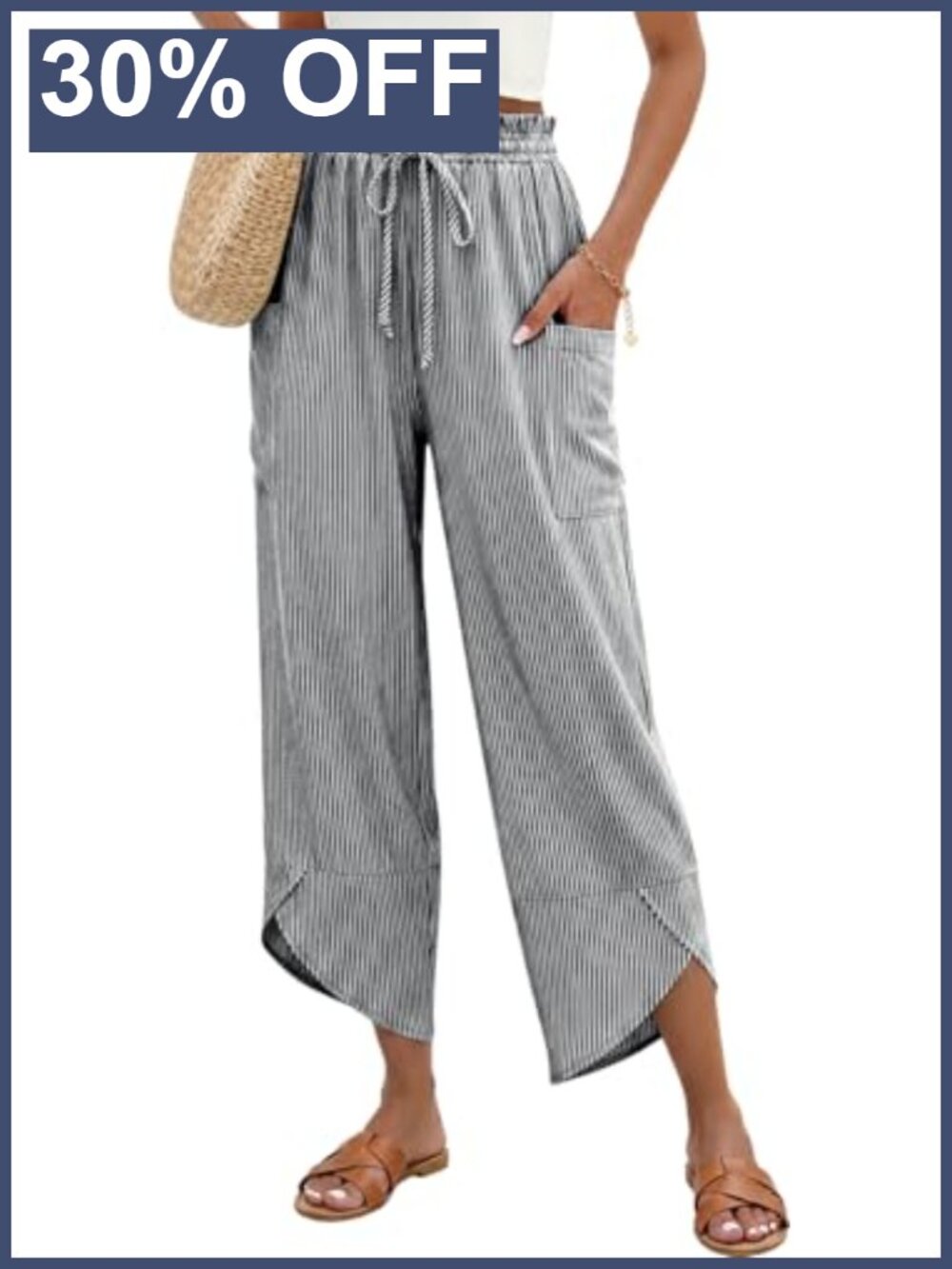 Wide Leg Linen Blend Cropped Palazzo Pants Drawstring